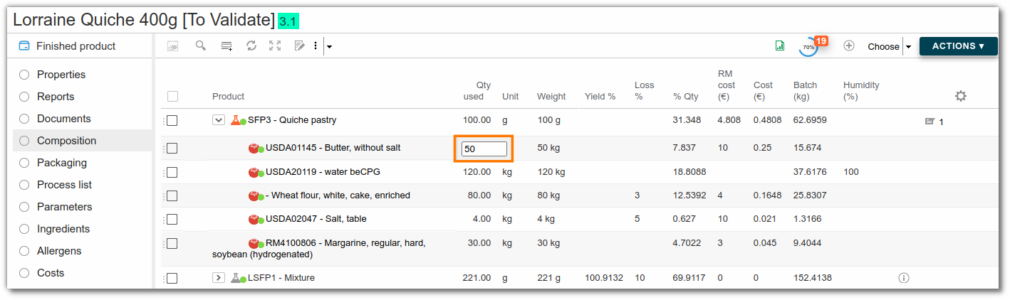 Edit quantity used in compositon