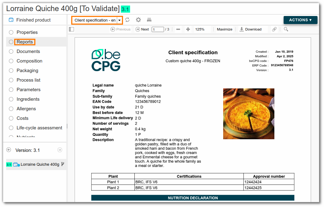 Generate technical data sheet