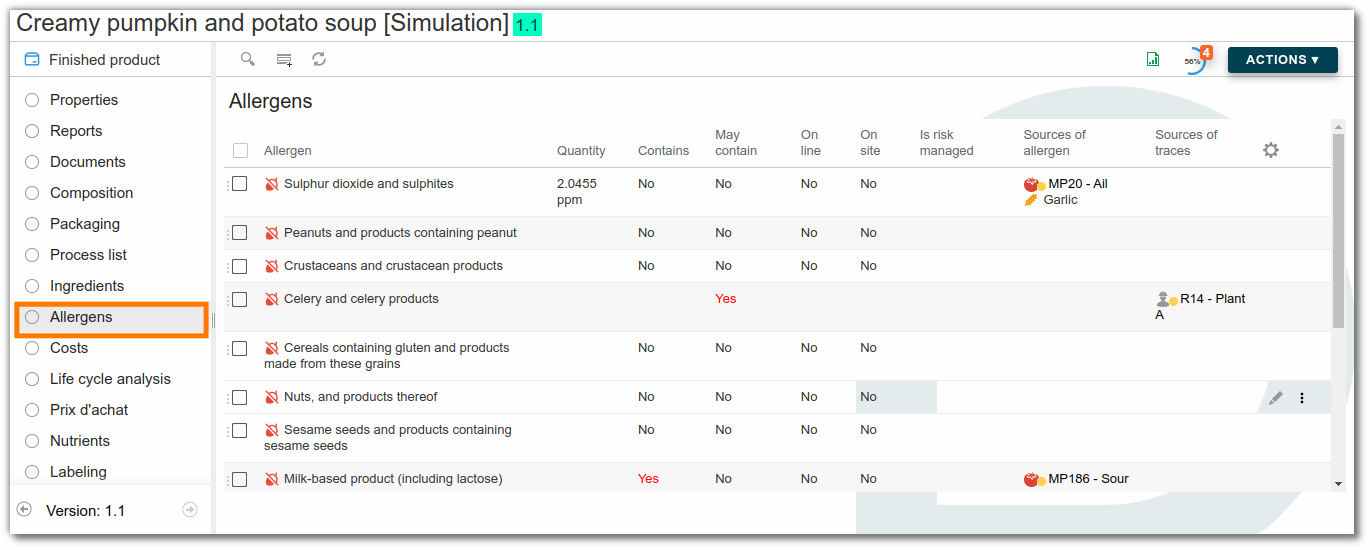 Allergen labeling on the finished product