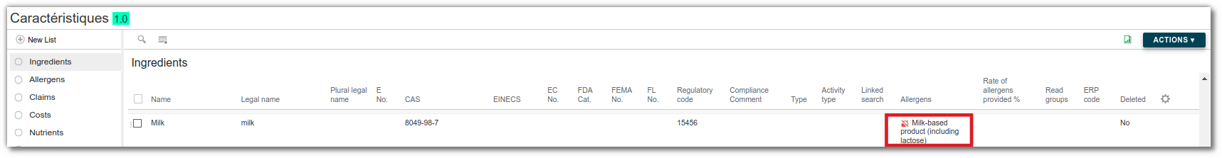 Link ingredients to an allergen
