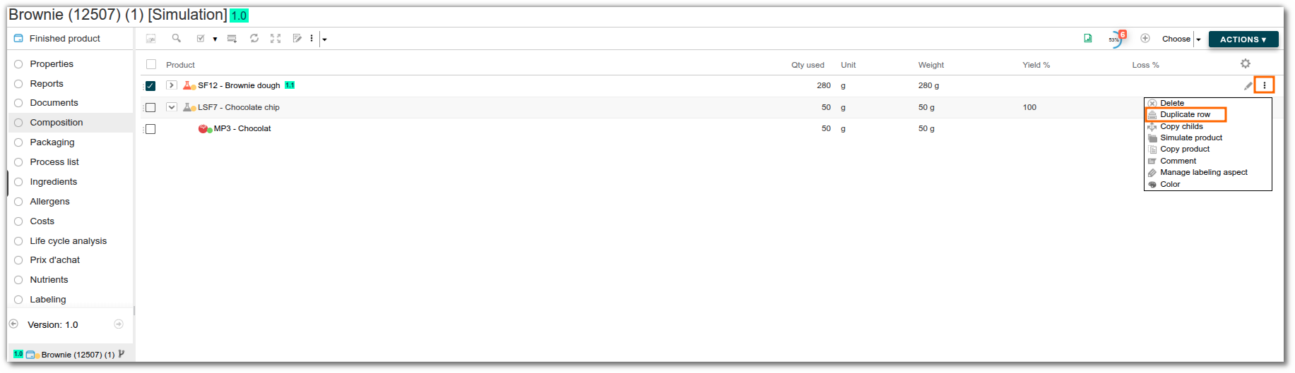 Duplicate a product in the composition