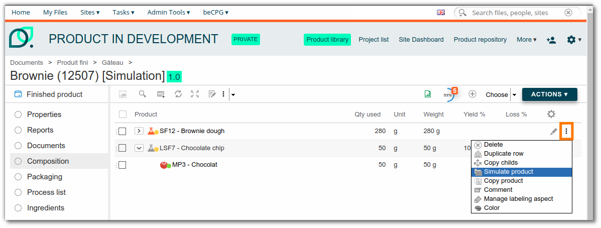 Simulate a product in the composition