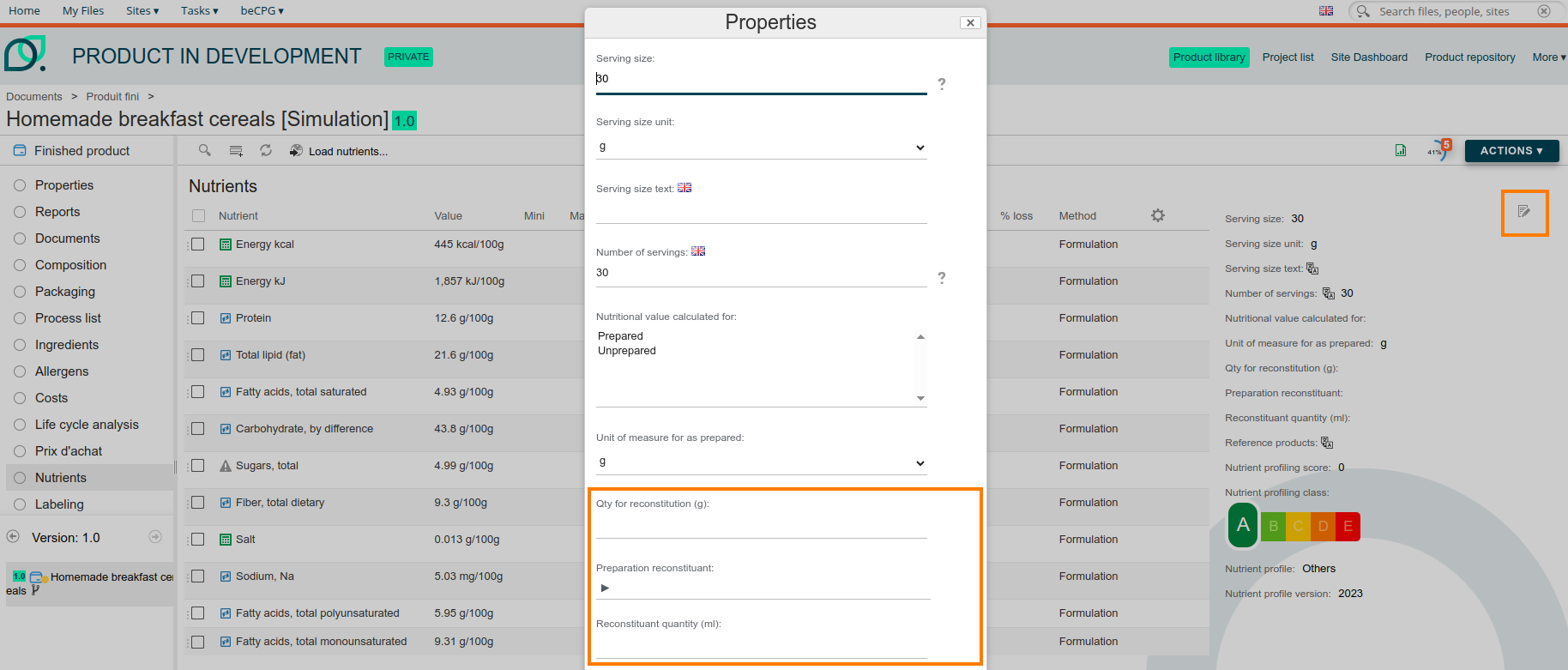 Fields to be completed to obtain the reconstituted nutritional values