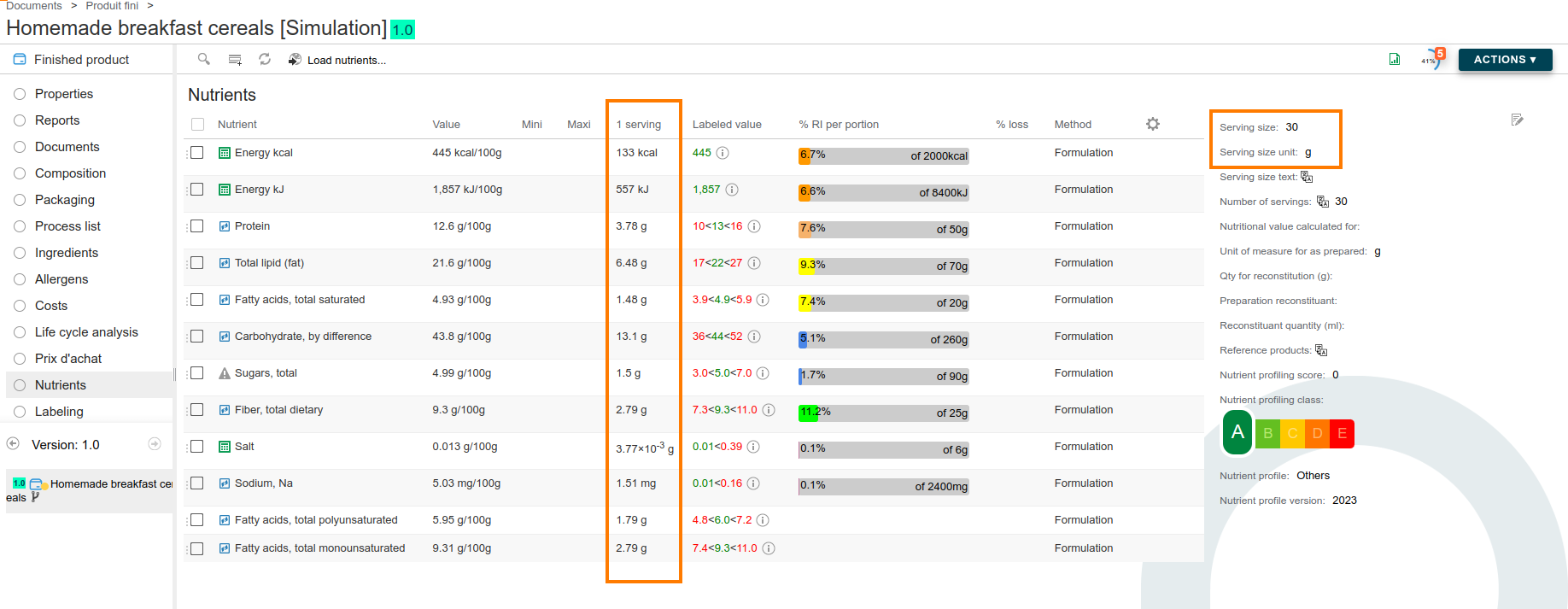 Nutritional value before reconstitution