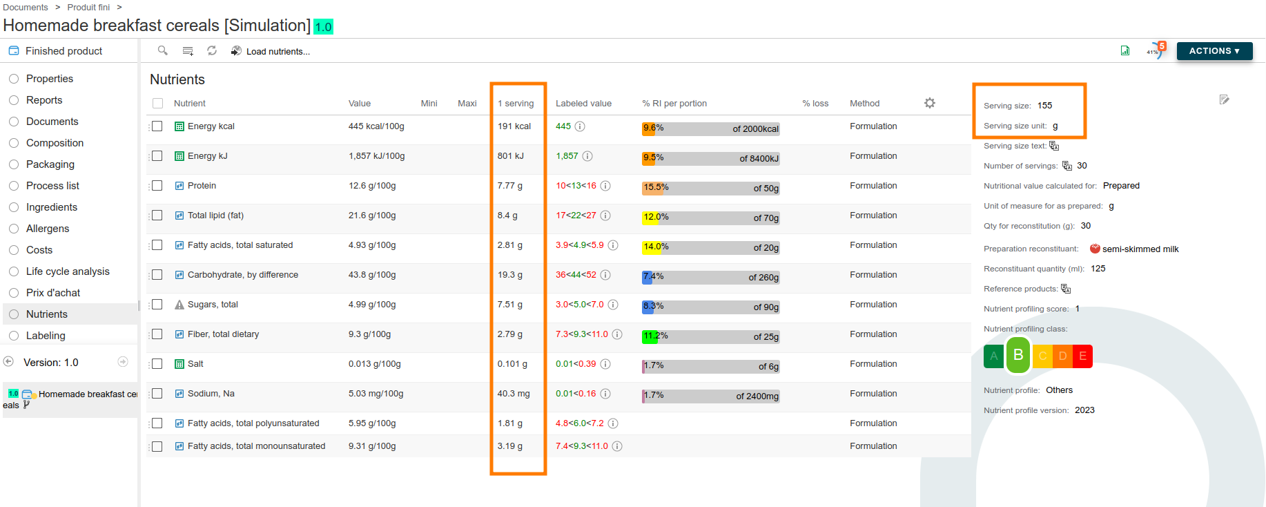 Nutritional value after reconstitution