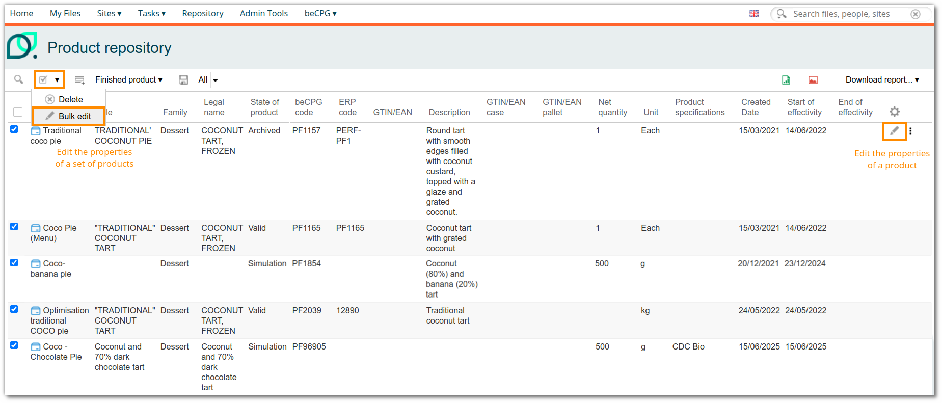 Product repository view with single and bulk edit