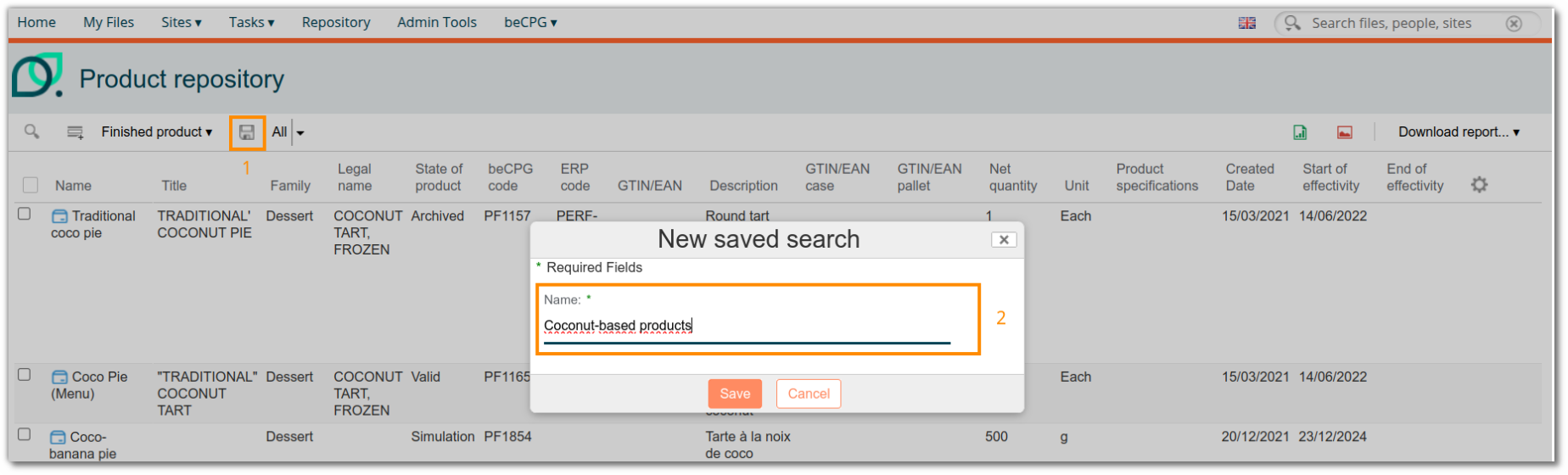 Example of saving a filter