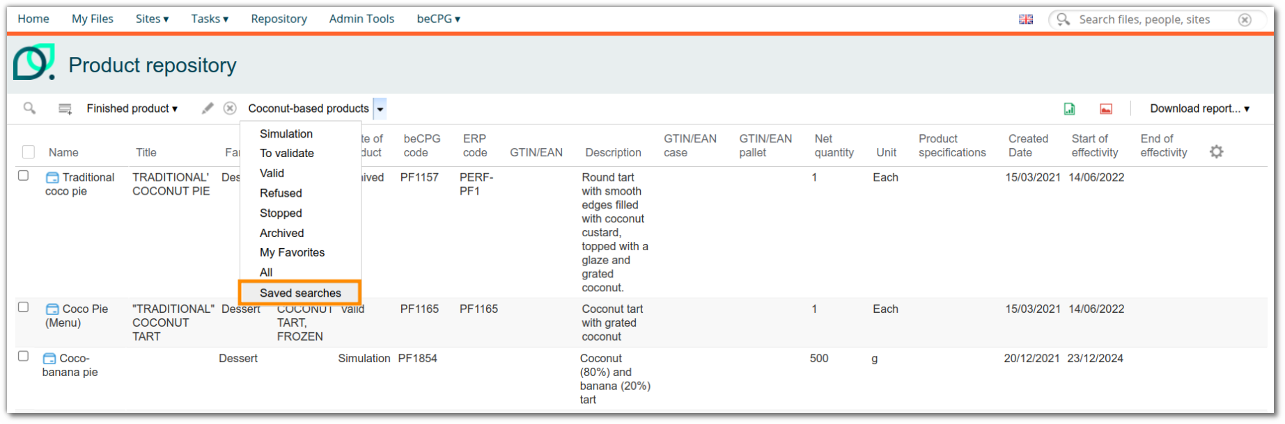 Example of a filter saved in ‘Saved searches’.