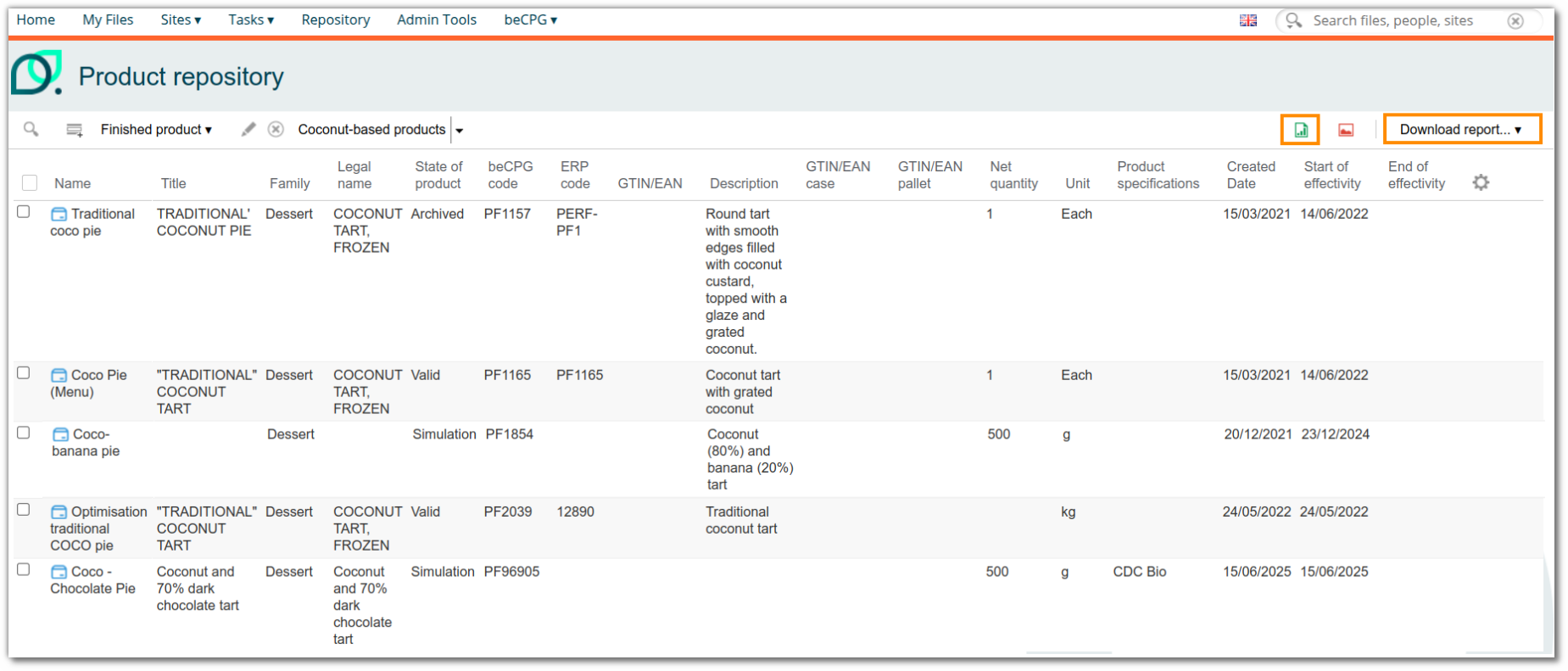 Product repository view showing the extraction and reporting section