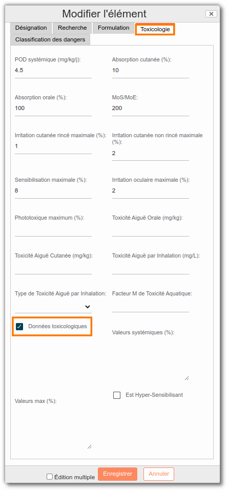 Onglet toxicologie de la liste ingrédient dans l'administration Onglet toxicologie de la liste ingrédient dans l'administration