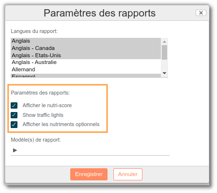 Paramètres des rapports Paramètres des rapports