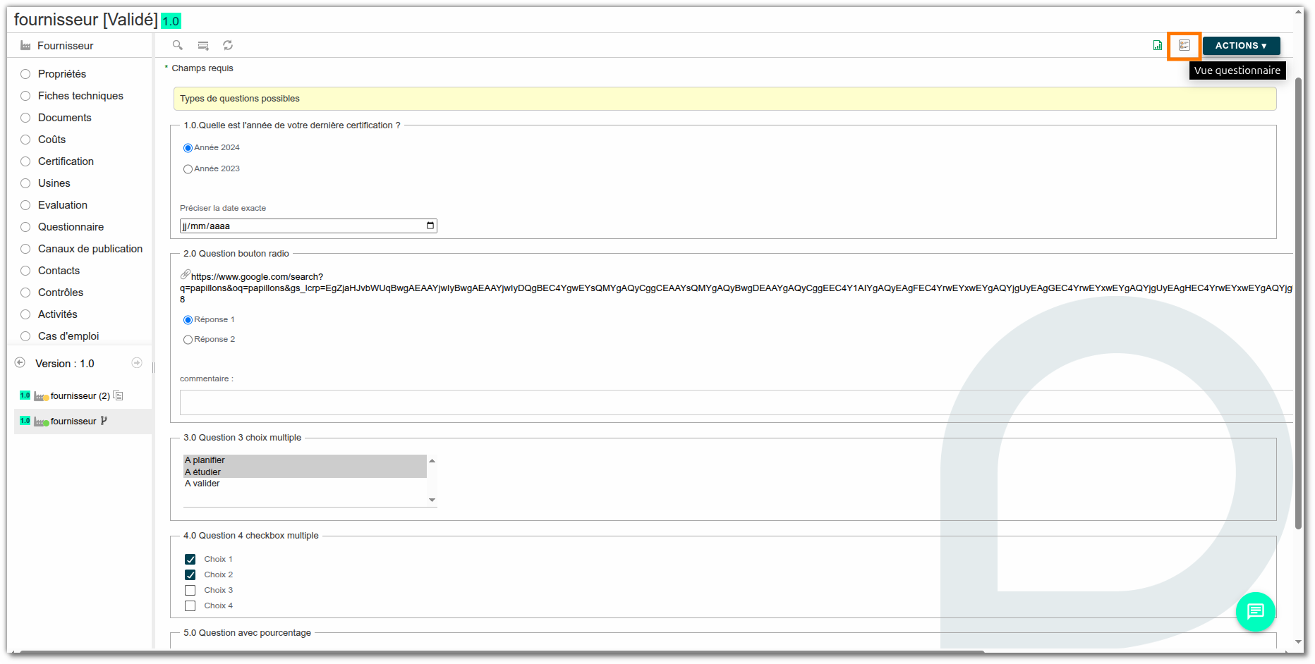 Vue Wizard des questionnaires