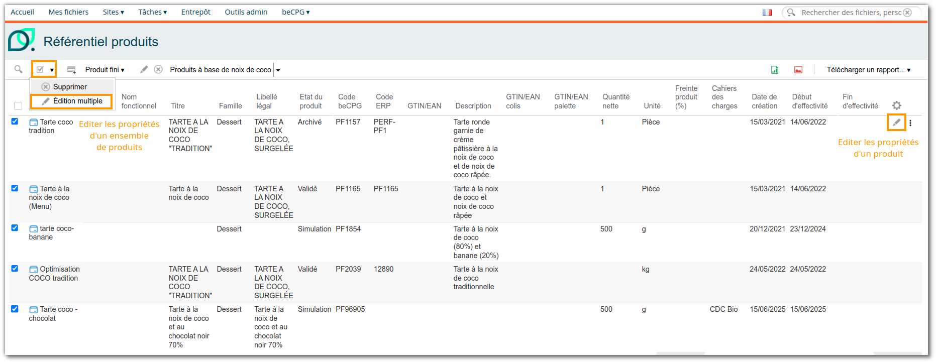 vue Référentiel produits avec l'édition simple et multiple