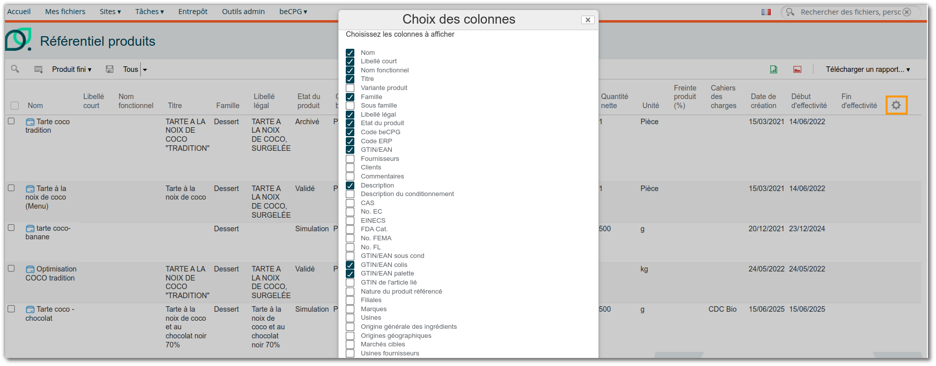 Personnalisation des colonnes de la vue Référentiel produits