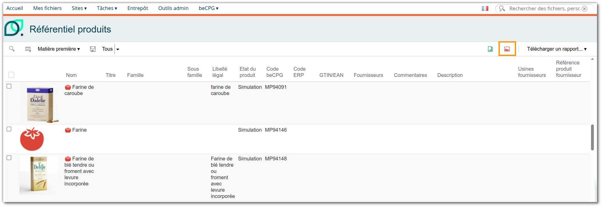 Vue Référentiel produits avec les images des produits