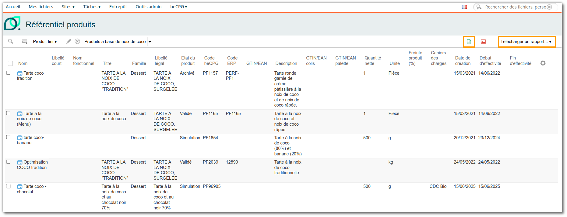 vue Référentiel produits montrant la partie extraction et rapports