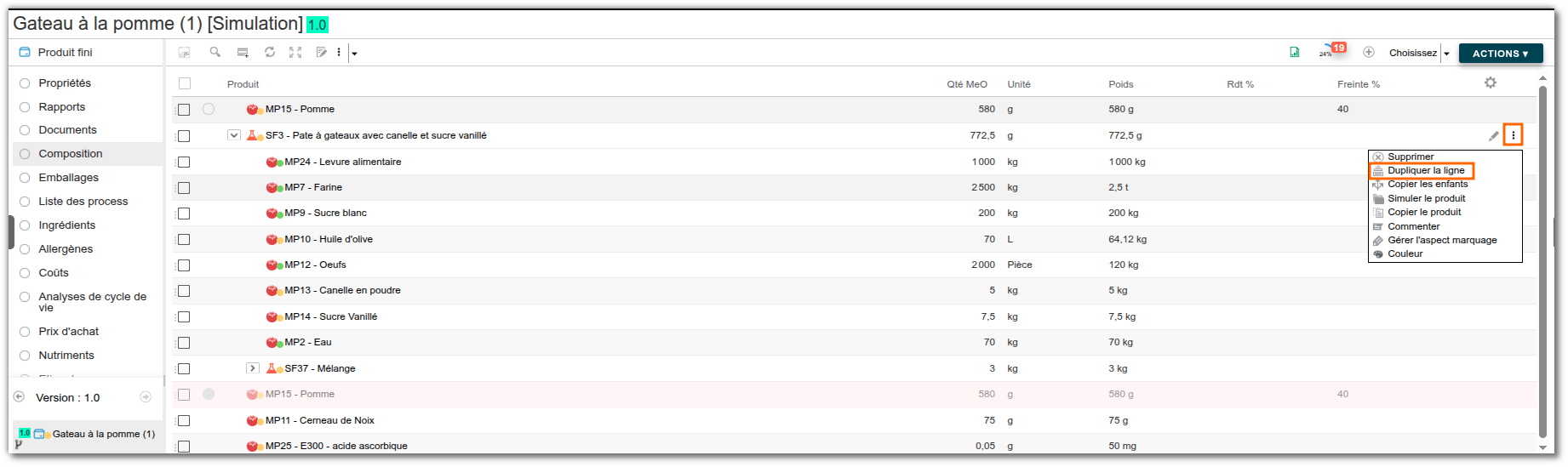 Dupliquer un produit dans la composition