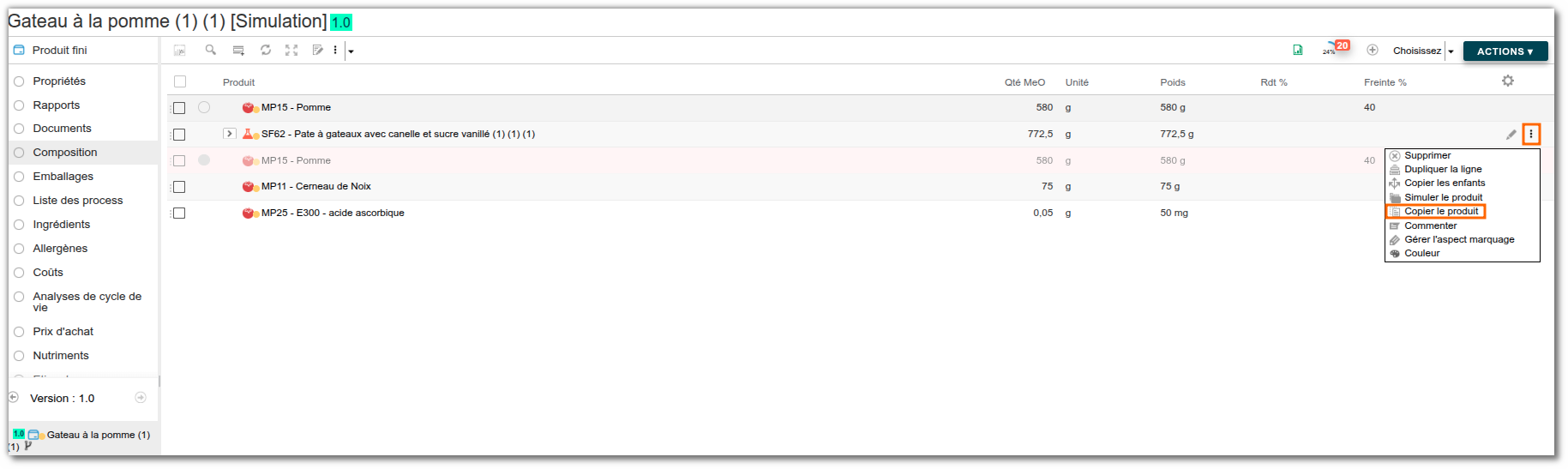 Copier un produit dans la composition