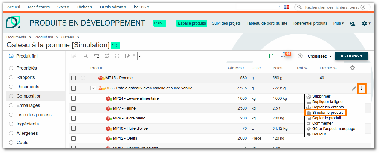 Simuler un produit dans la composition