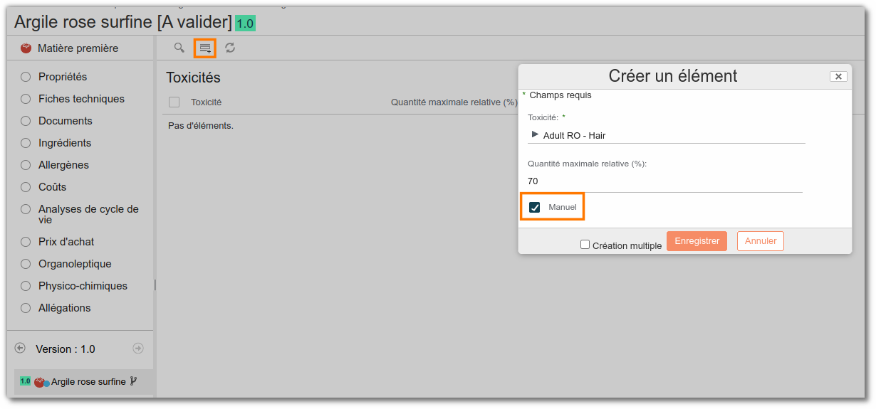 Ajouter une toxicité manuel