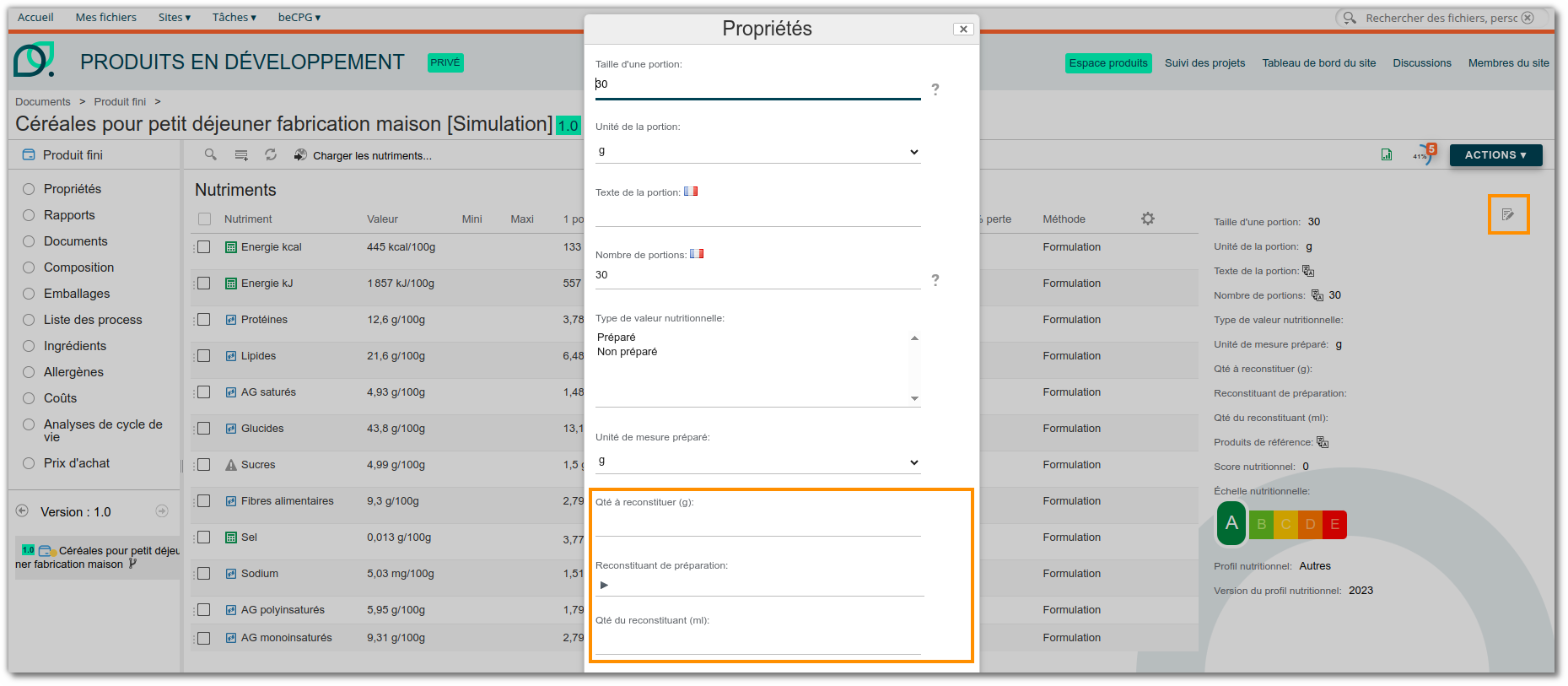 Champs à compléter pour avoir les valeurs nutritionnelles reconstitués