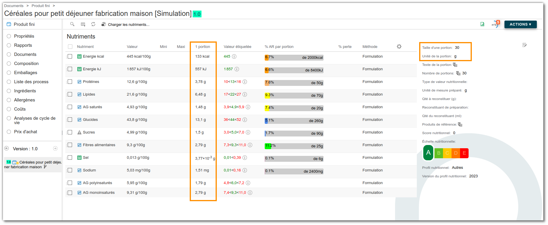Valeur nutritionnelle avant la reconstitution