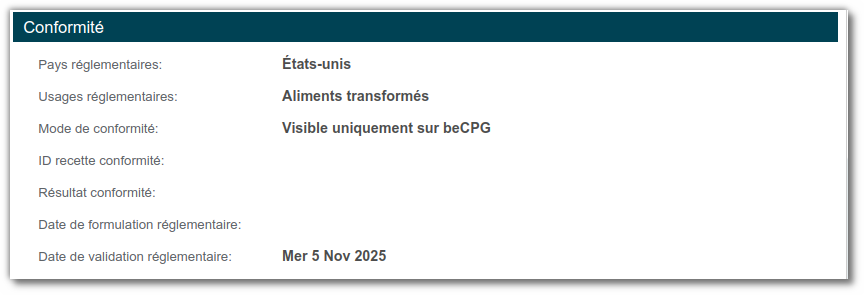 Section conformité dans les propriétés